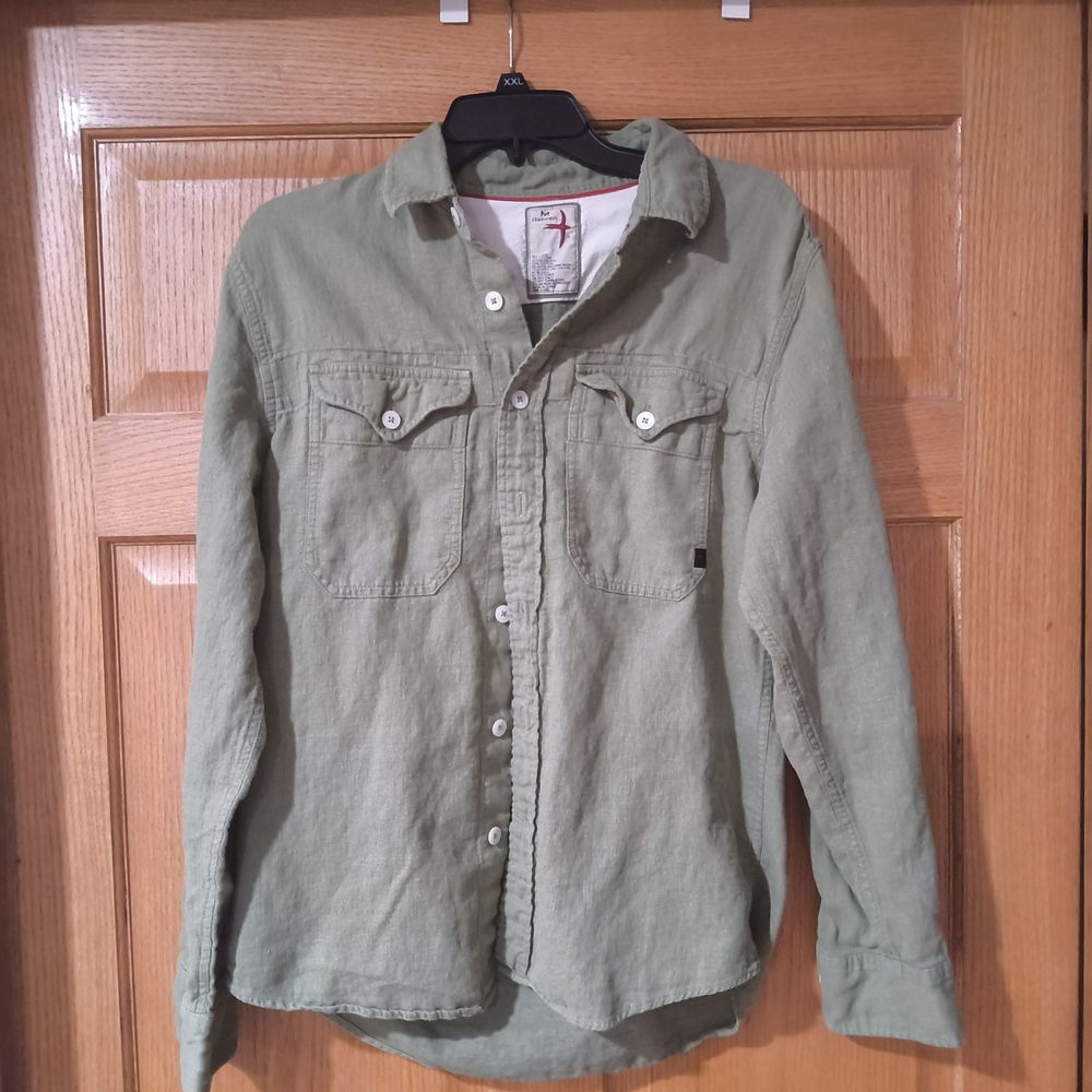 RELWEN LINEN WORKSHIRT Olive Green Button Down Shirt